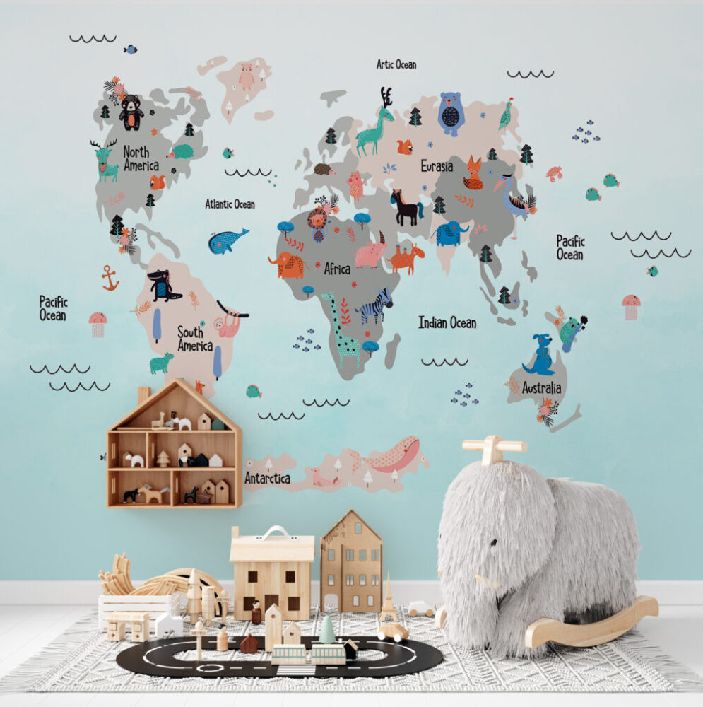 Mint Kids Animal Map Wallpaper : Folk Motif World Mural - View 6