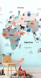 Mint Kids Animal Map Wallpaper : Folk Motif World Mural - View 4