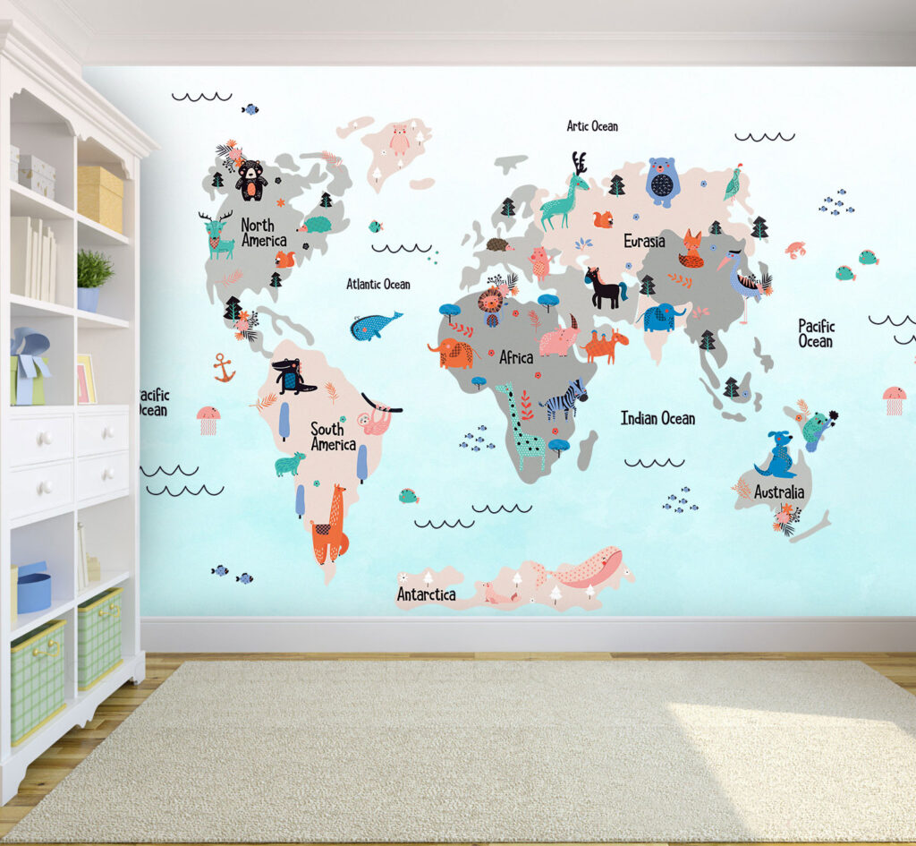 Mint Kids Animal Map Wallpaper : Folk Motif World Mural - View 5
