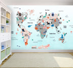 Mint Kids Animal Map Wallpaper : Folk Motif World Mural - View 5