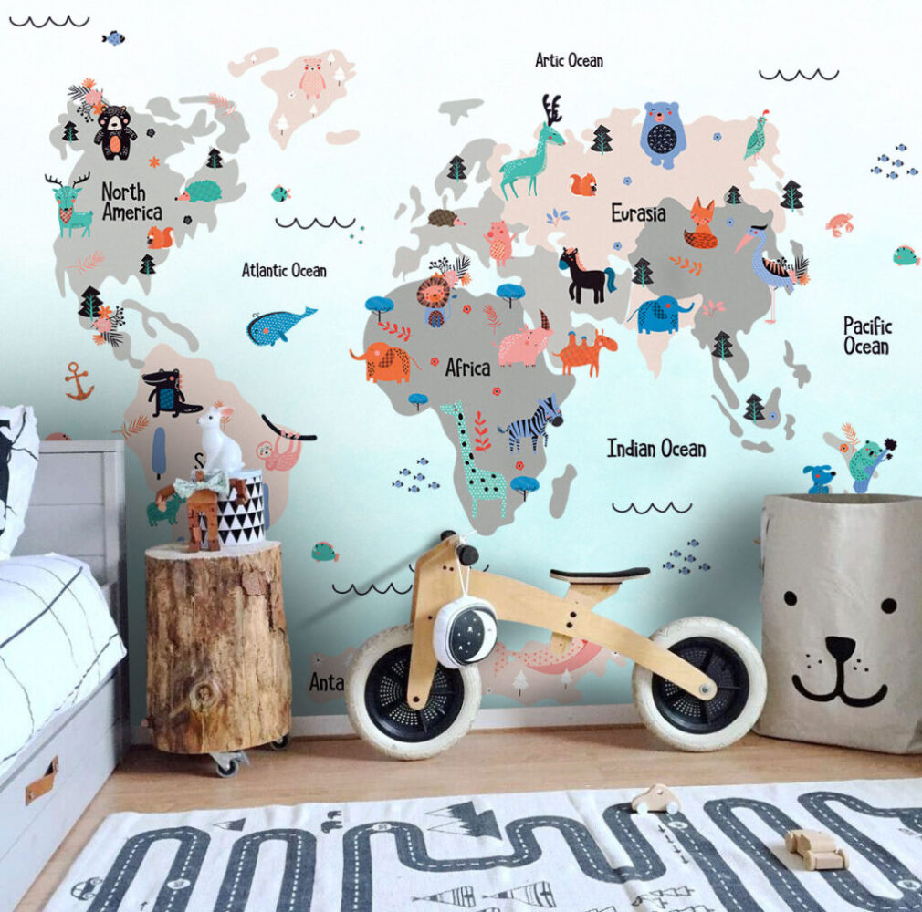 Mint Kids Animal Map Wallpaper : Folk Motif World Mural - View 3