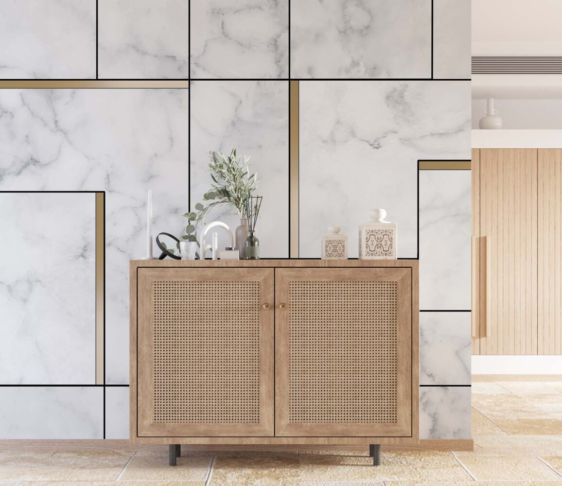 White Marble Wallpaper : Geometric Black Line Tile Mural - View 6