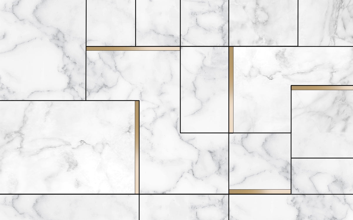 White Marble Wallpaper : Geometric Black Line Tile Mural - View 2