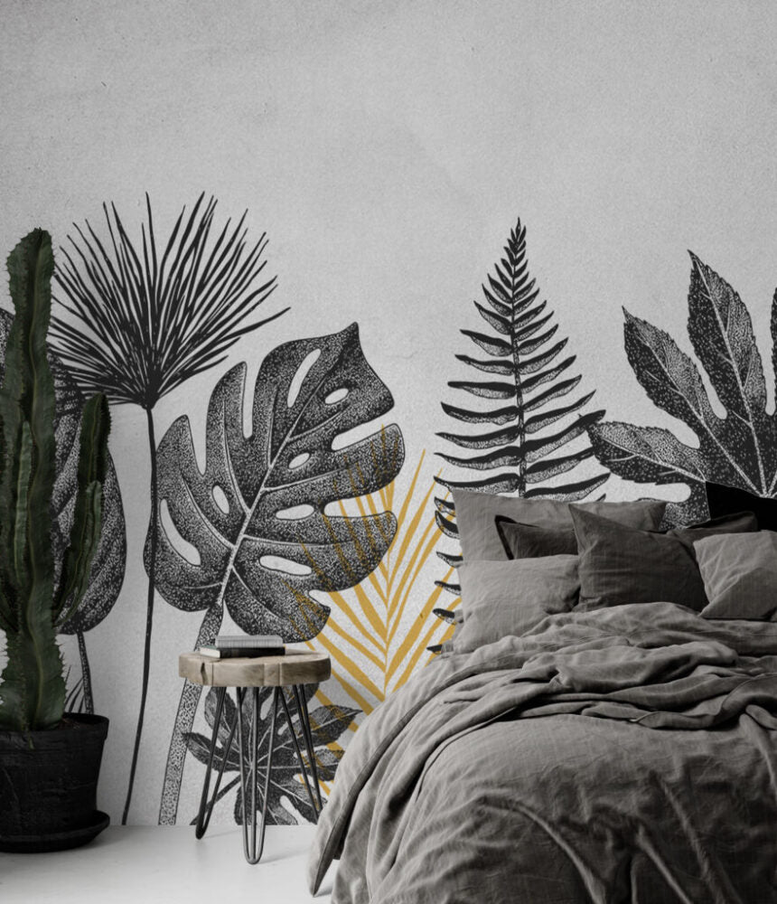 Black And White Leaf Wallpaper : Monstera And Fern Sketch Mural