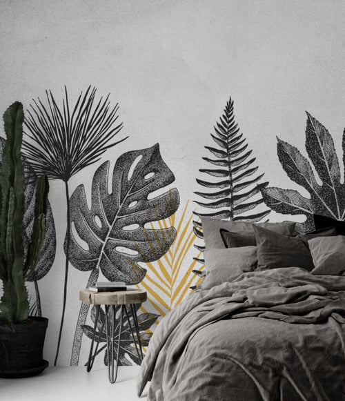 Black And White Leaf Wallpaper : Monstera And Fern Sketch Mural