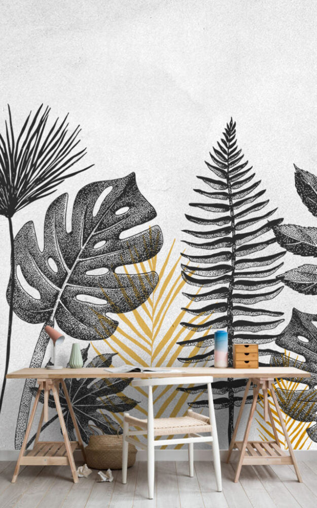 Black And White Leaf Wallpaper : Monstera And Fern Sketch Mural - View 4