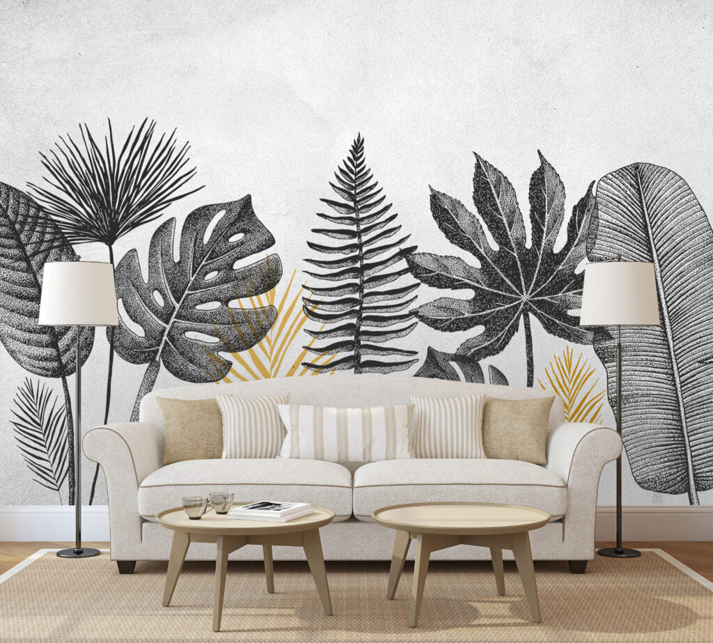 Black And White Leaf Wallpaper : Monstera And Fern Sketch Mural - View 3