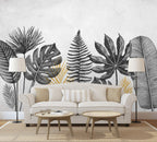 Black And White Leaf Wallpaper : Monstera And Fern Sketch Mural - View 3