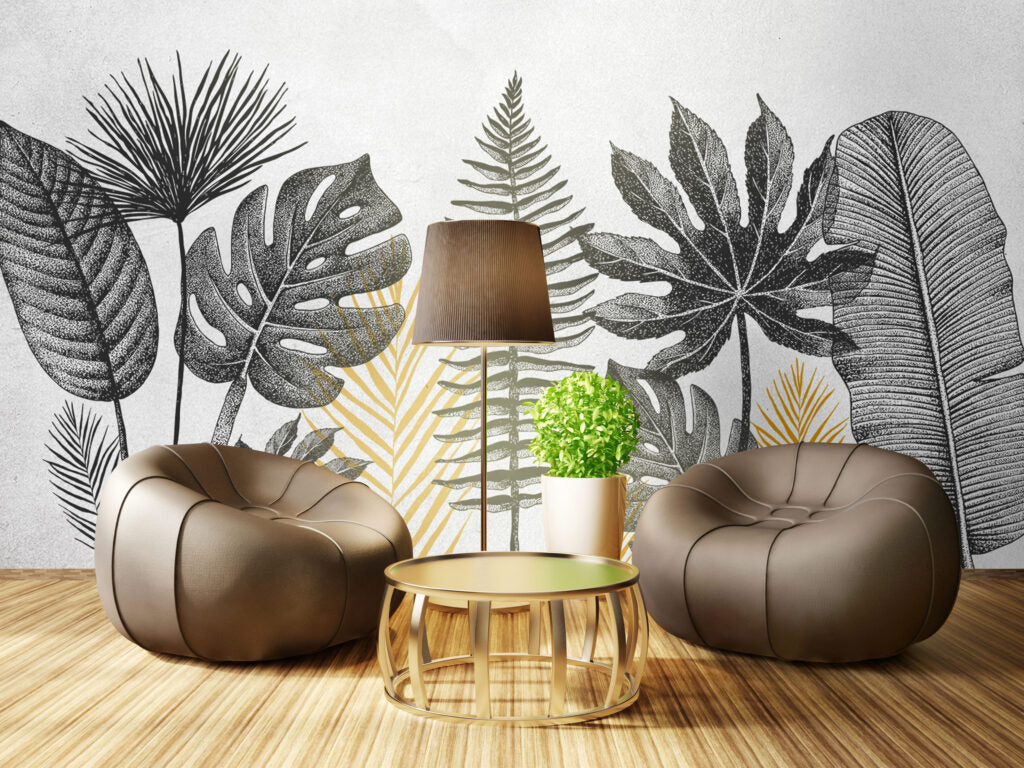 Black And White Leaf Wallpaper : Monstera And Fern Sketch Mural - View 6