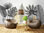 Black And White Leaf Wallpaper : Monstera And Fern Sketch Mural - View 6