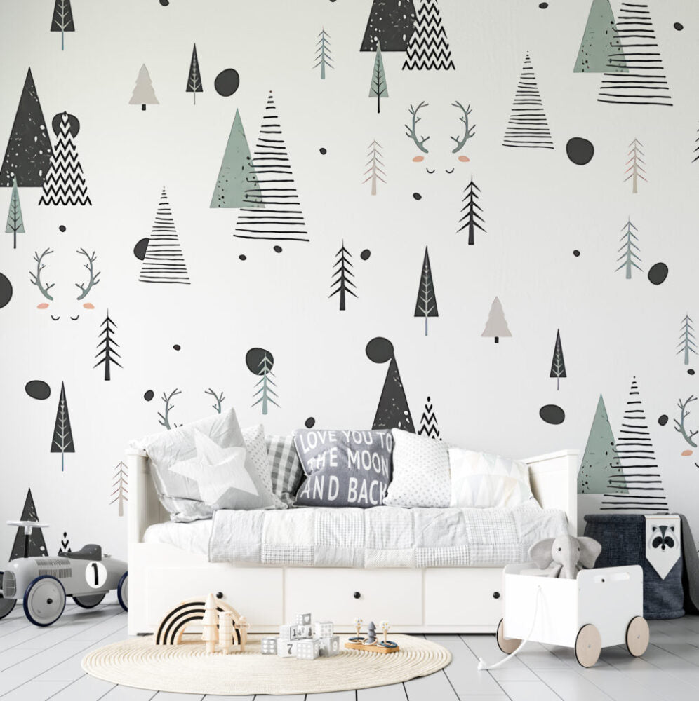 Scandinavian Tree Wallpaper : Kids Triangle Forest Pattern