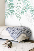 Hanging Leaf Wallpaper : Sage Eucalyptus Vine Mural - View 6