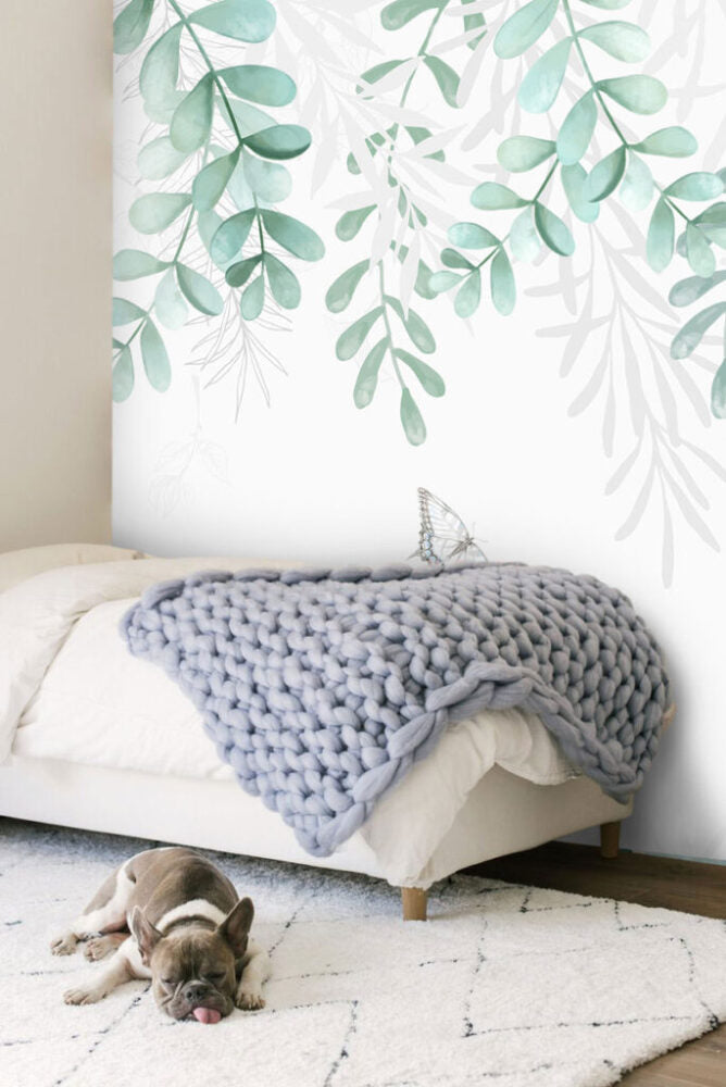 Hanging Leaf Wallpaper : Sage Eucalyptus Vine Mural - View 6