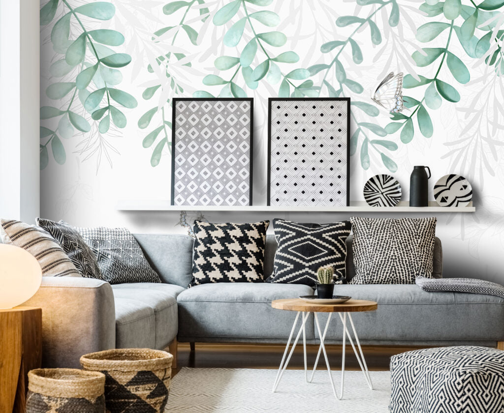 Hanging Leaf Wallpaper : Sage Eucalyptus Vine Mural - View 4