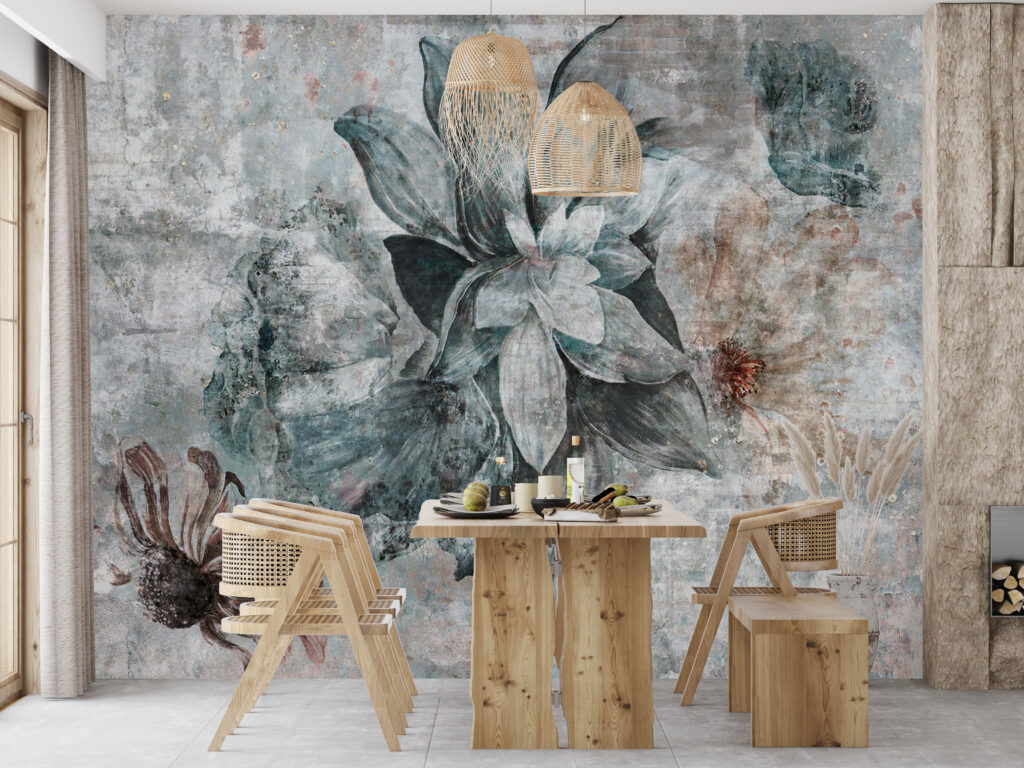 Dark Teal Flower Wallpaper : Distressed Close-Up Bloom Mural