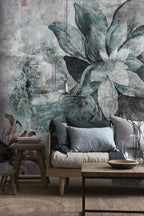 Dark Teal Flower Wallpaper : Distressed Close-Up Bloom Mural - View 6
