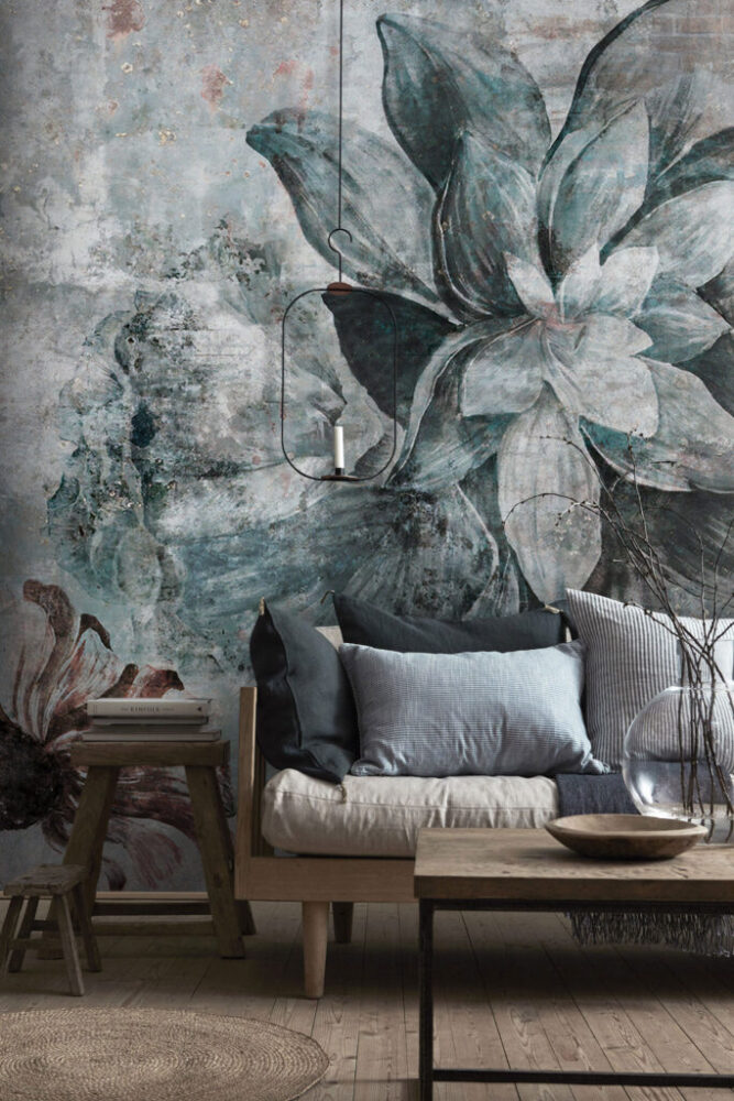 Dark Teal Flower Wallpaper : Distressed Close-Up Bloom Mural - View 6