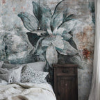 Dark Teal Flower Wallpaper : Distressed Close-Up Bloom Mural - View 5