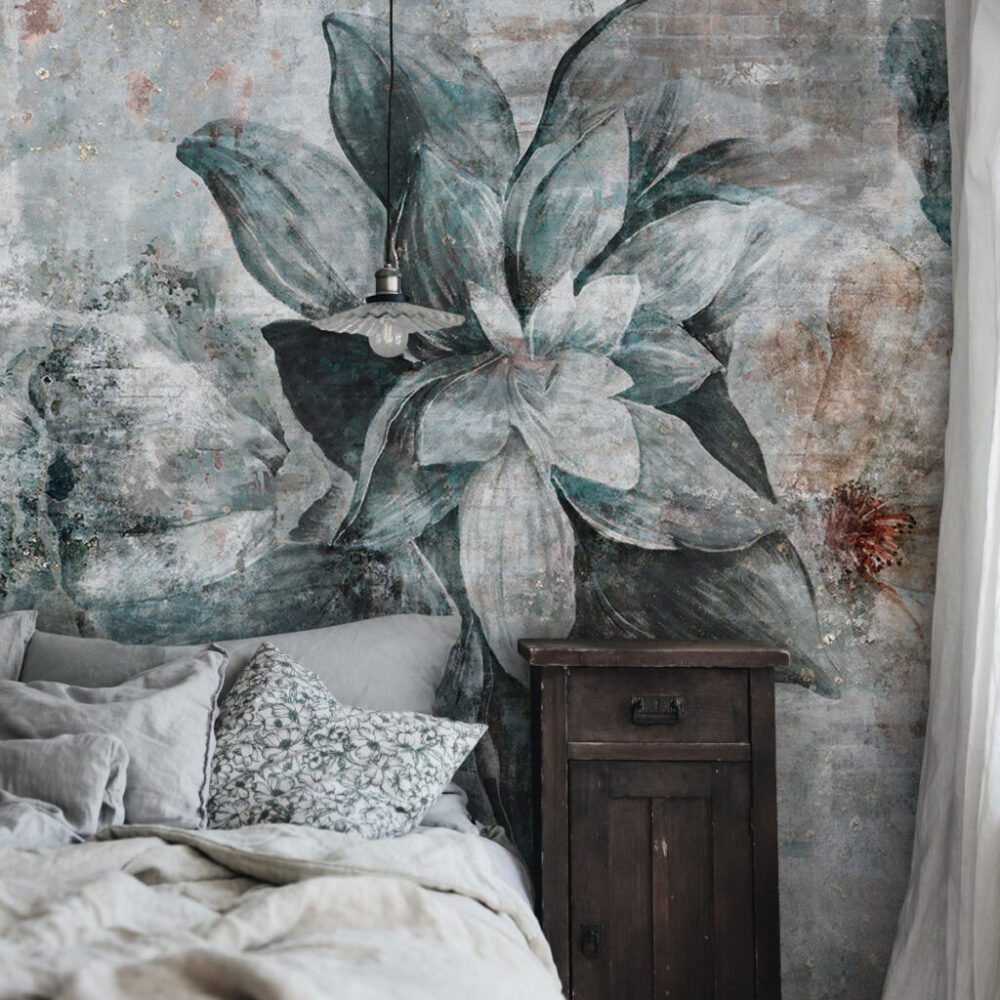 Dark Teal Flower Wallpaper : Distressed Close-Up Bloom Mural - View 5