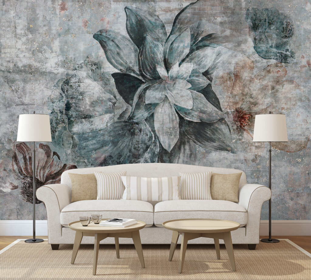 Dark Teal Flower Wallpaper : Distressed Close-Up Bloom Mural - View 3