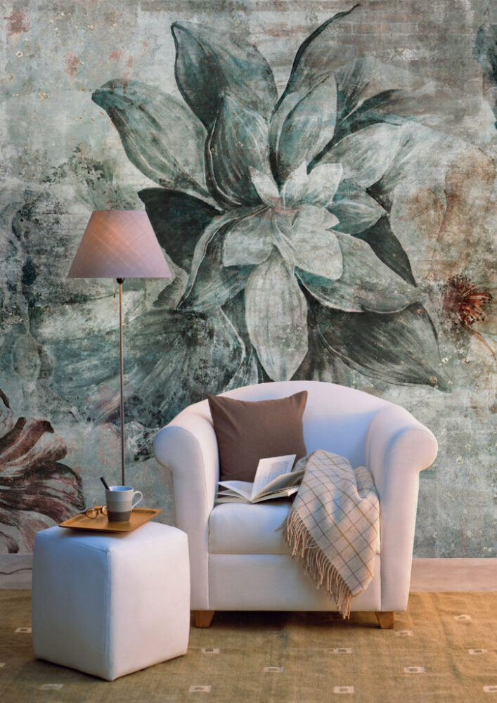 Dark Teal Flower Wallpaper : Distressed Close-Up Bloom Mural - View 4