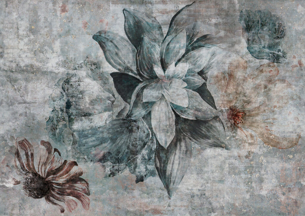 Dark Teal Flower Wallpaper : Distressed Close-Up Bloom Mural - View 2