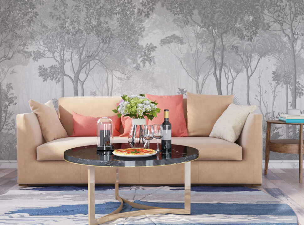 Misty Forest Wallpaper : Beige Tree Silhouette Mural
