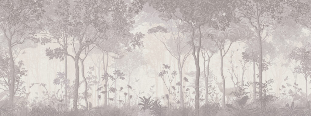 Misty Forest Wallpaper : Beige Tree Silhouette Mural - View 6