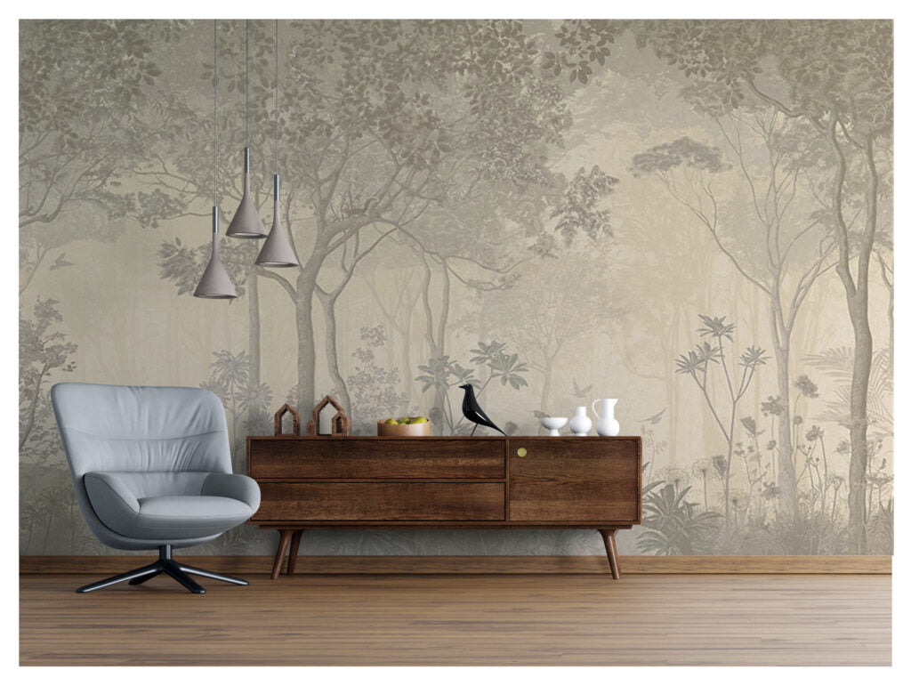 Misty Forest Wallpaper : Beige Tree Silhouette Mural - View 3