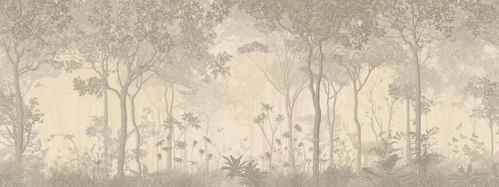 Misty Forest Wallpaper : Beige Tree Silhouette Mural - View 2