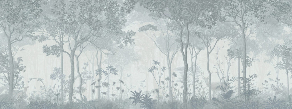 Blue Misty Forest Wallpaper : Deer In The Fog Mural - View 2