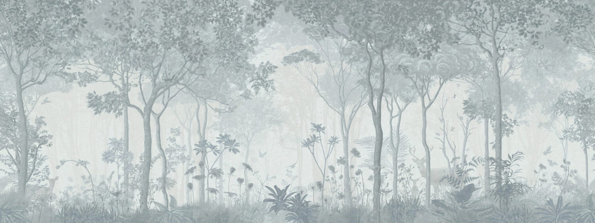 Blue Misty Forest Wallpaper : Deer In The Fog Mural - View 2