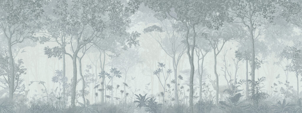 Misty Forest Wallpaper : Beige Tree Silhouette Mural - View 4