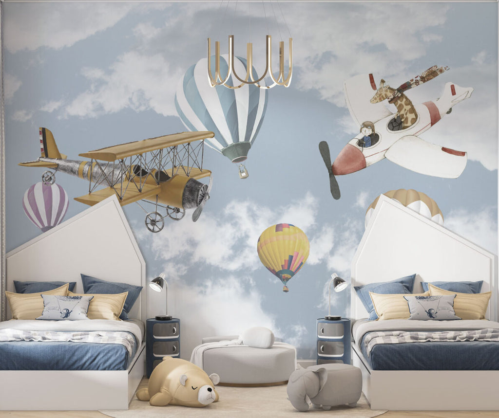 Vintage Planes Wallpaper : Hot Air Balloons in Cloudy Sky Kids Mural