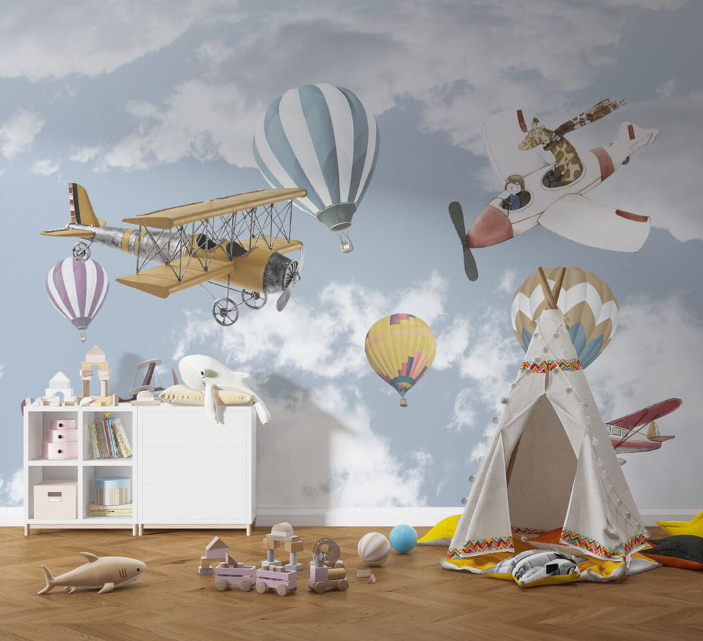 Vintage Planes Wallpaper : Hot Air Balloons in Cloudy Sky Kids Mural - View 2