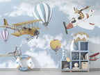 Vintage Planes Wallpaper : Hot Air Balloons in Cloudy Sky Kids Mural - View 3