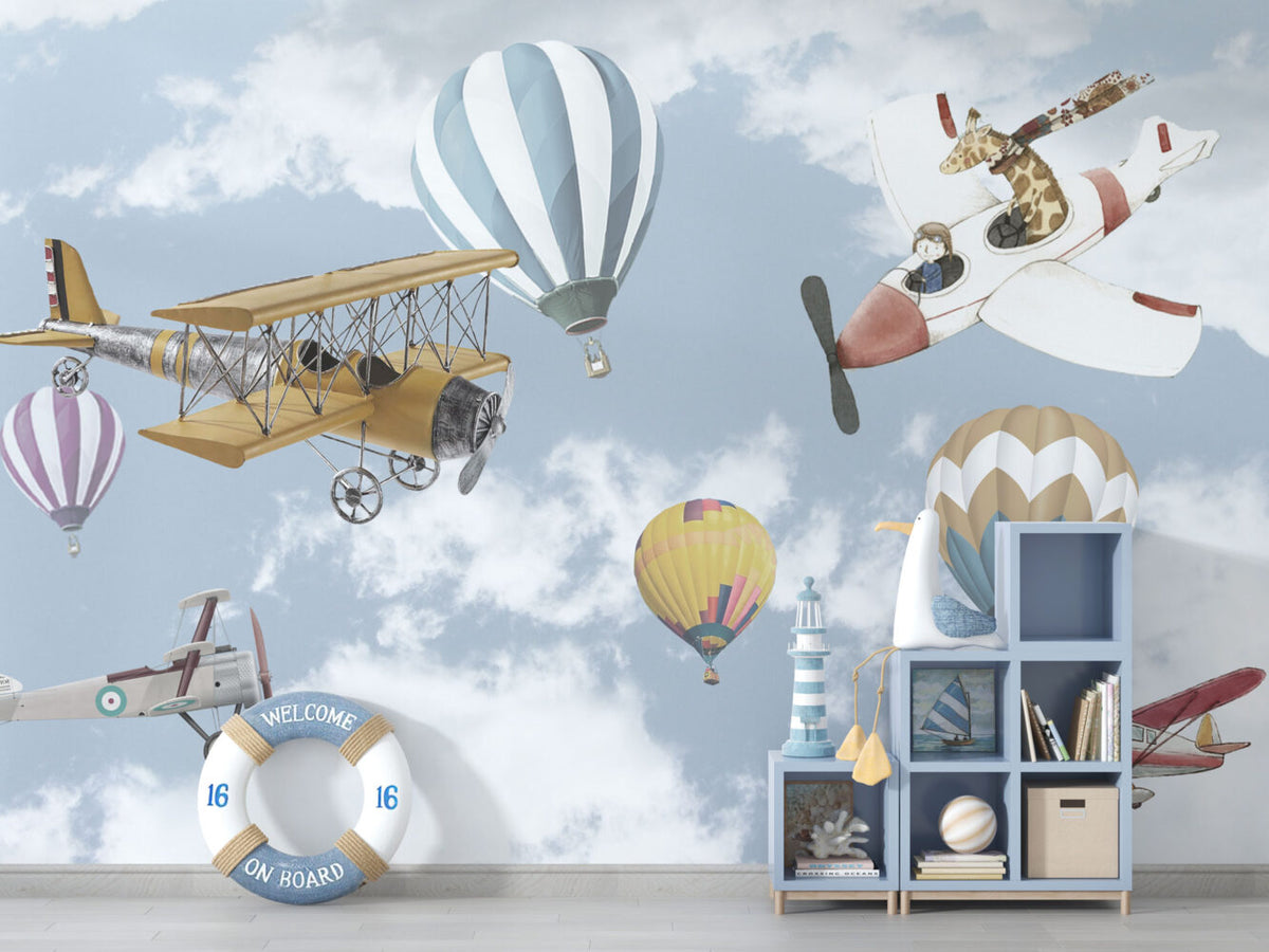 Vintage Planes Wallpaper : Hot Air Balloons in Cloudy Sky Kids Mural - View 3