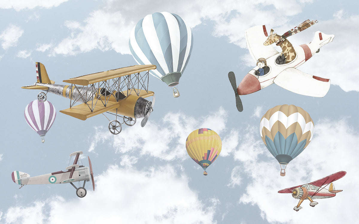Vintage Planes Wallpaper : Hot Air Balloons in Cloudy Sky Kids Mural - flat design