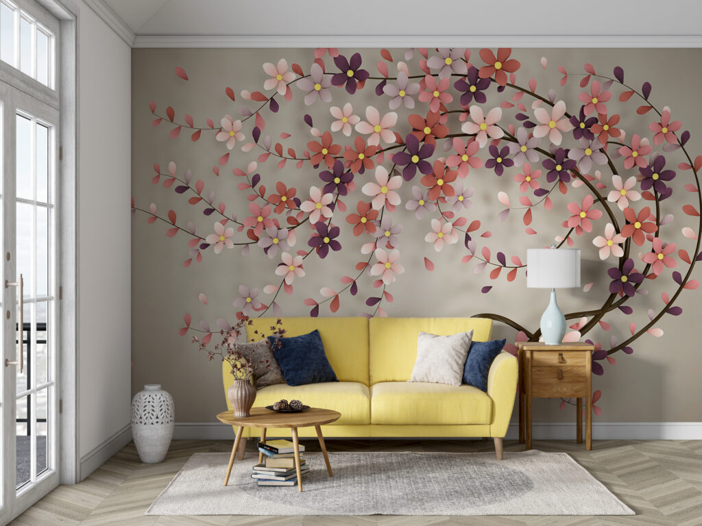 Pink Blossom Branch Wallpaper : 3D Cherry Flower Mural - View 3