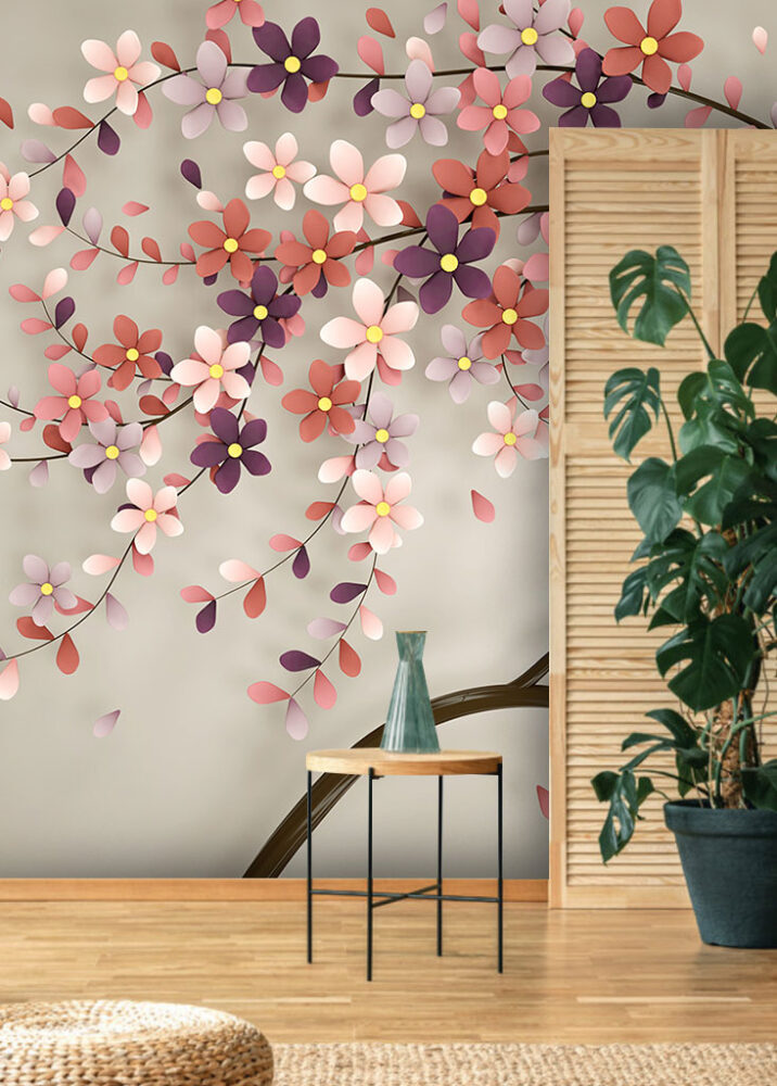 Pink Blossom Branch Wallpaper : 3D Cherry Flower Mural - View 6