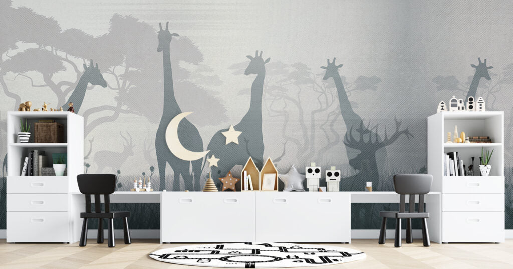 Giraffe Silhouette Wallpaper : Grey Safari Shadow Mural - View 3