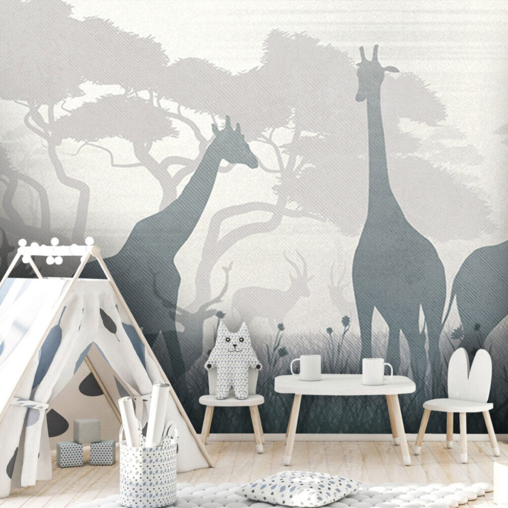 Giraffe Silhouette Wallpaper : Grey Safari Shadow Mural - View 5