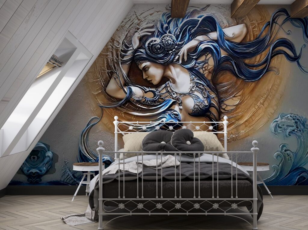Embossed Woman Wallpaper : Bronze And Blue Art Nouveau Mural