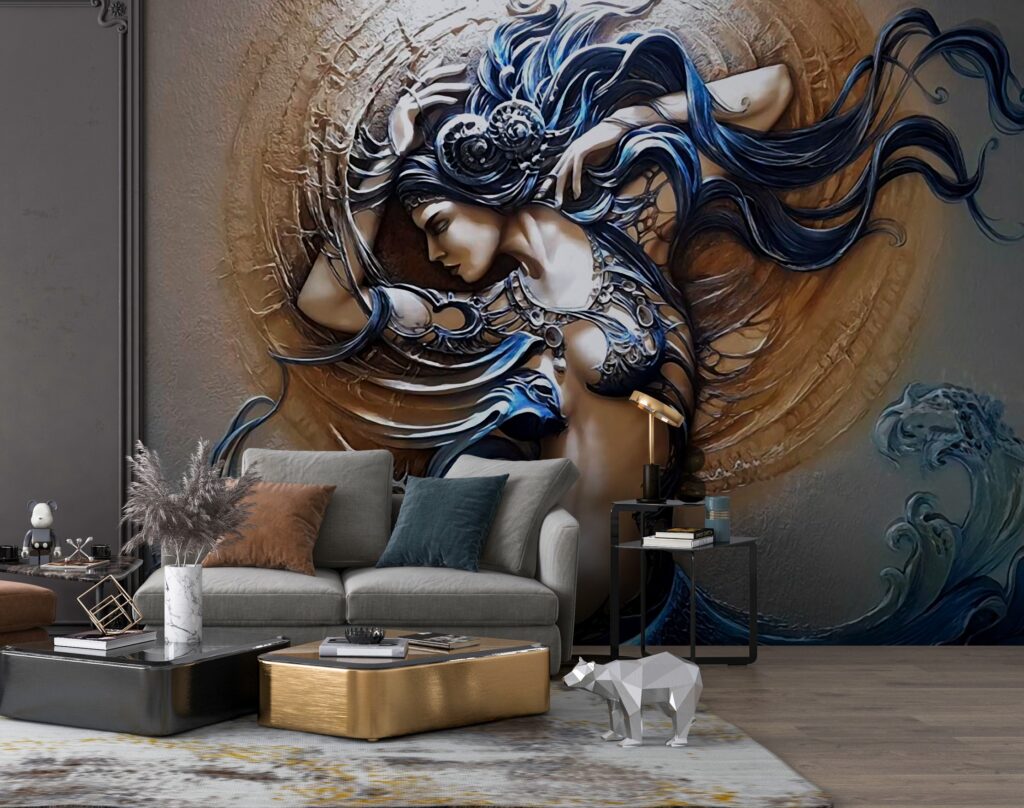 Embossed Woman Wallpaper : Bronze And Blue Art Nouveau Mural - View 3