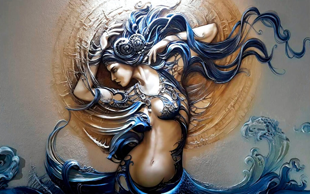 Embossed Woman Wallpaper : Bronze And Blue Art Nouveau Mural - View 2