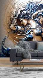 Embossed Woman Wallpaper : Bronze And Blue Art Nouveau Mural - View 5