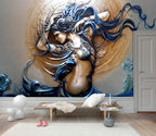Embossed Woman Wallpaper : Bronze And Blue Art Nouveau Mural - View 4