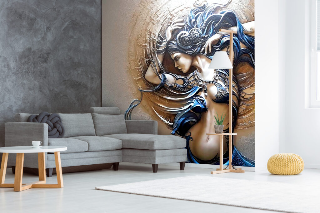 Embossed Woman Wallpaper : Bronze And Blue Art Nouveau Mural - View 6