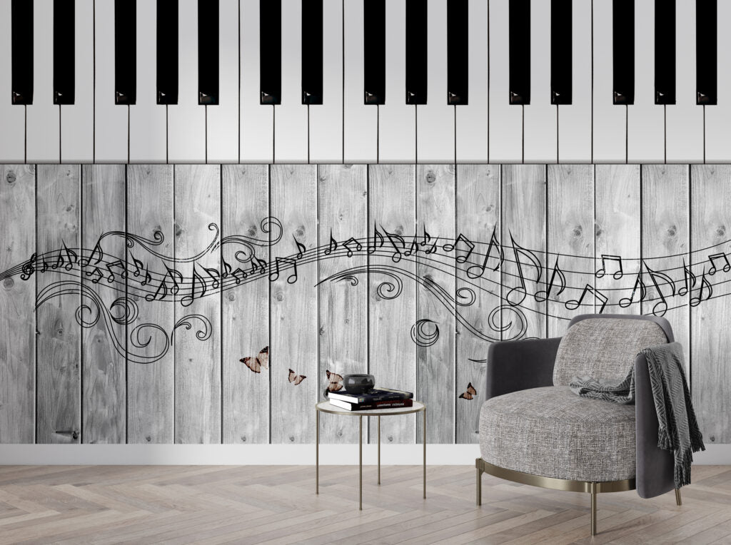 Piano Key Wallpaper : Music Notes On Grey Wood Mural