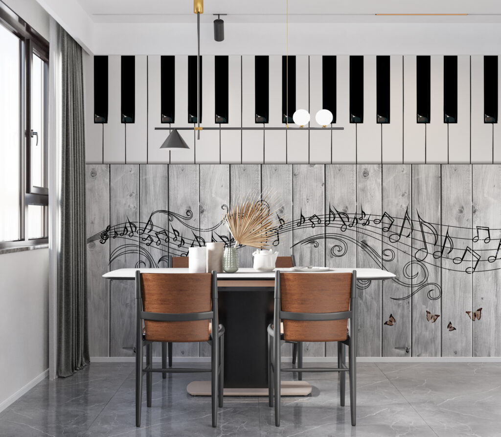 Piano Key Wallpaper : Music Notes On Grey Wood Mural - View 3